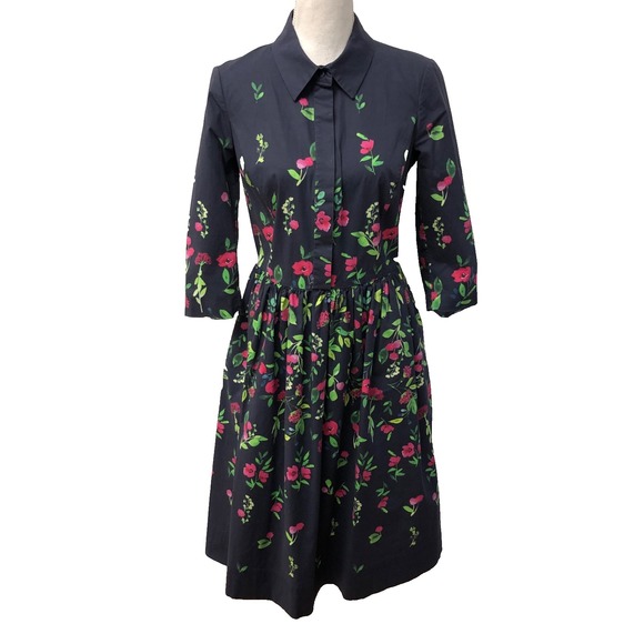 Oscar De La Renta Fit And Flare Dress Womens 8 Blue Floral 3/4 Sleeve Coquette